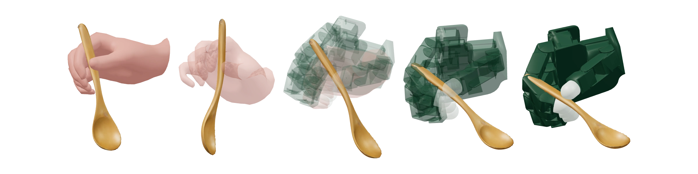 Five successive spoon-transport poses: human hands in the first two frames, a faint human and Allegro overlap in frame three, and Allegro alone in the last two.